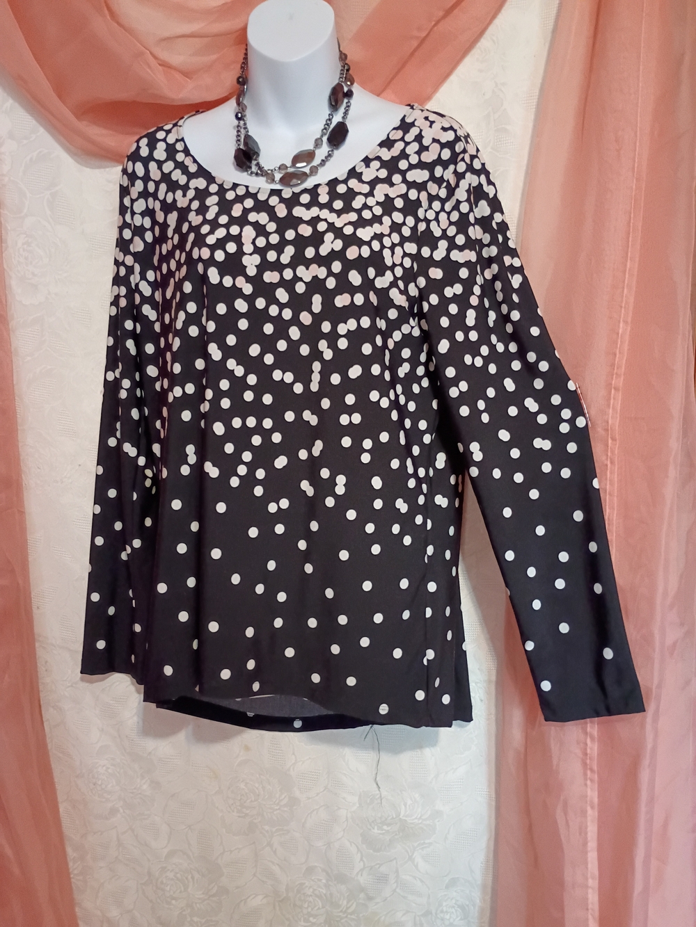 Chico's Ladies Black Blouse with Pink & White Polka Dots Sz M